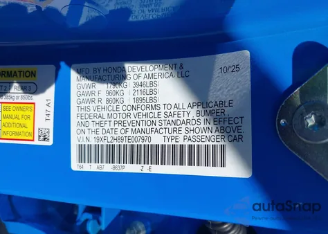 2026 Honda Civic Sport из США, поврежденный, VIN 19XFL2H89TE007970